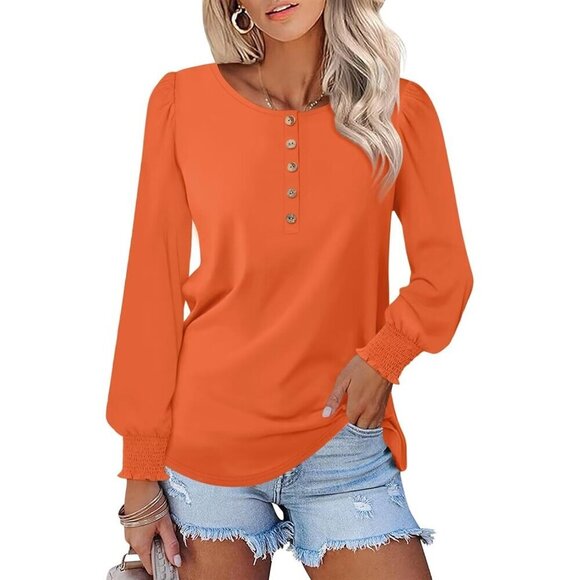Tops - Womens Long Sleeve Henley Blouse Smocked Puff Sleeve Casual Top